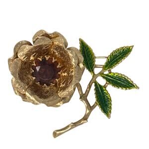 Vintage 1970s Sarah Coventry Brooch Gold Rose Green Enamel Floral